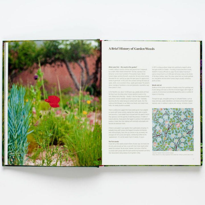 A sample page from '100 20th-Century Gardens and Landscapes', showing a photograph of a poppy in a garden and a page titled 'A Brief History of Garden Weeds'