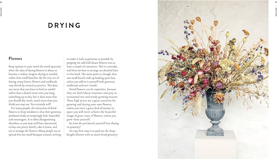 A page inside 'Forever Flowers', with the title 'Drying' and an image of dried flowers in a vase