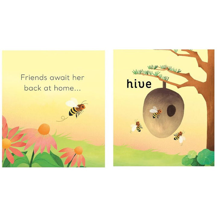 Inner pages of the book, showing illustrations of bees gathering around a hive