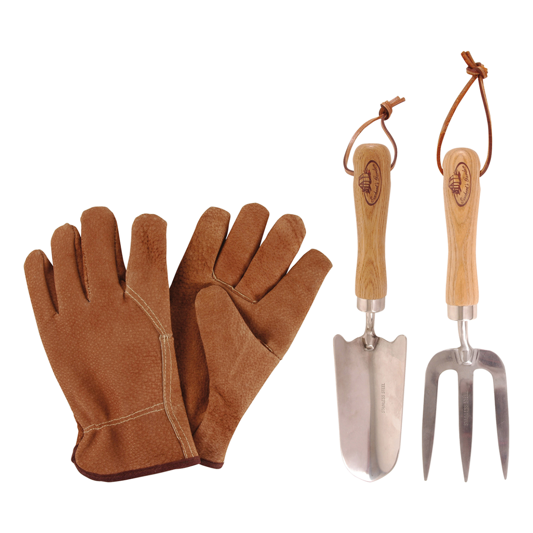 A pair of tan gloves and stainless steel gardening fork and trowel set