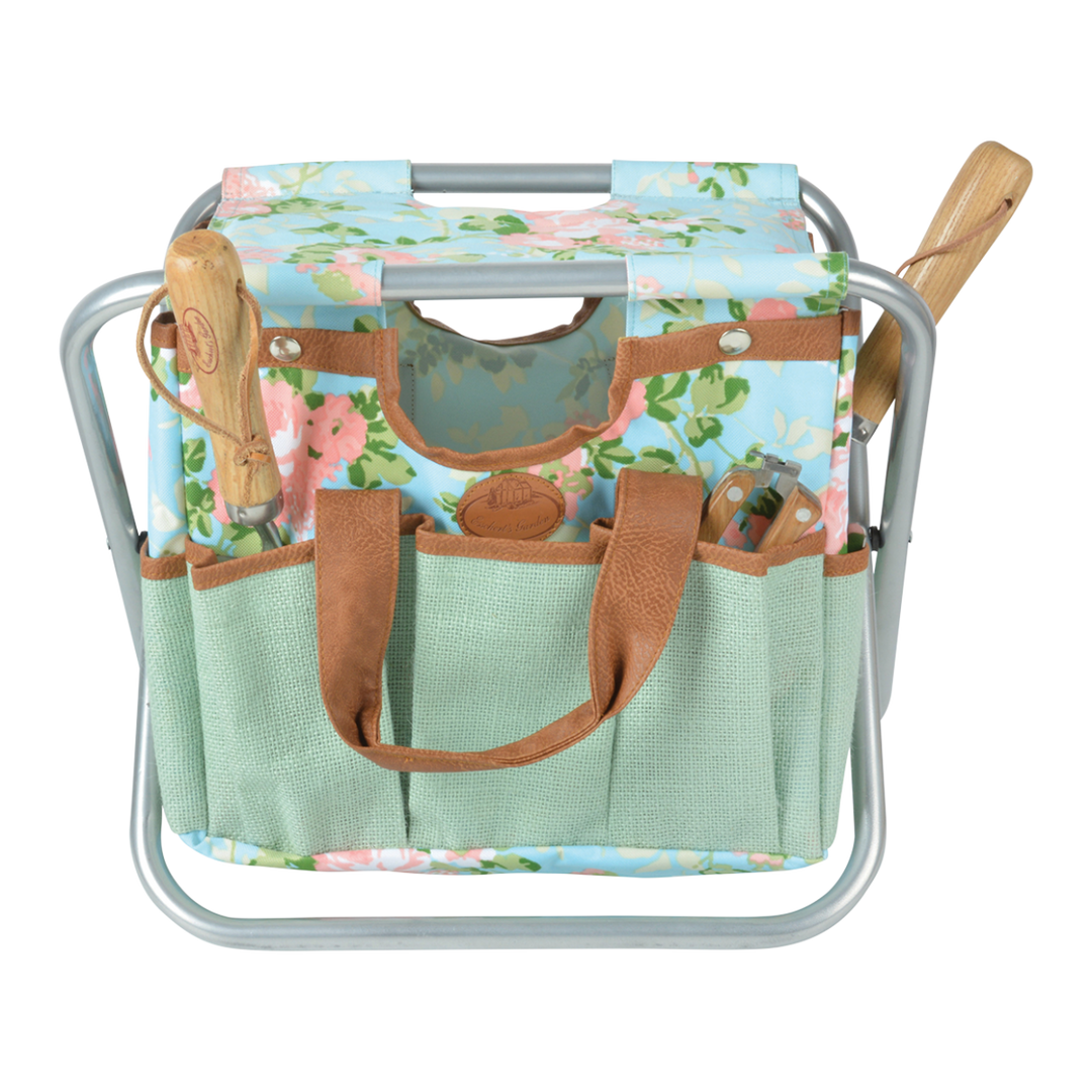 Floral print stool with matching bag attached beneath