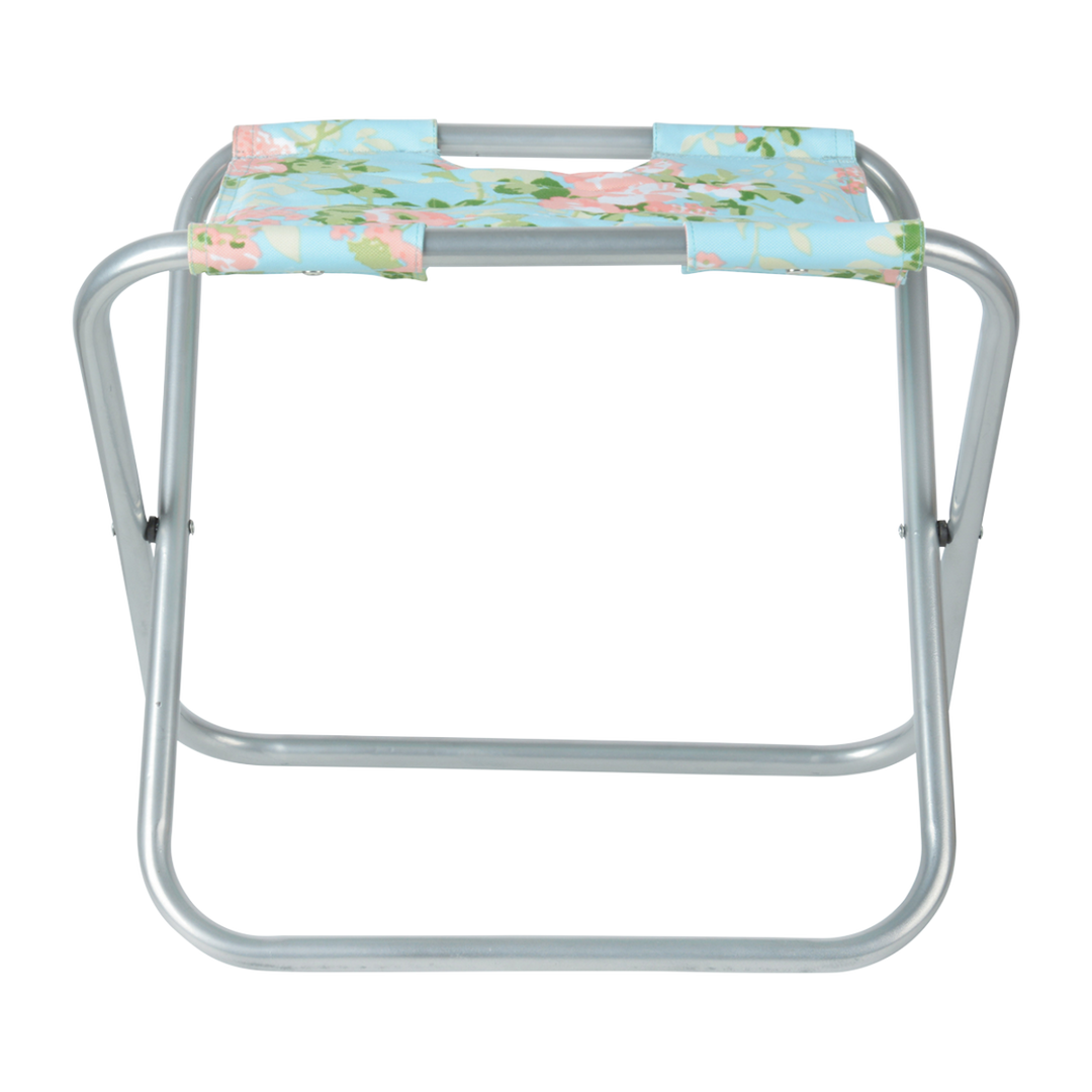 Floral print stool with grey metal legs and blue/pink floral printed fabric seat