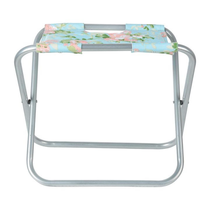Floral print stool with grey metal legs and blue/pink floral printed fabric seat