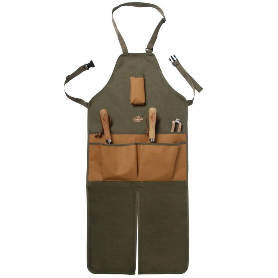 A green apron with large brown pockets on the front and a split down the middle between the legs