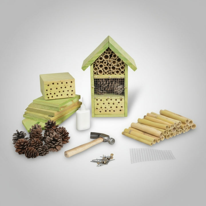 Parts included in the pollinator house kit and a finished product