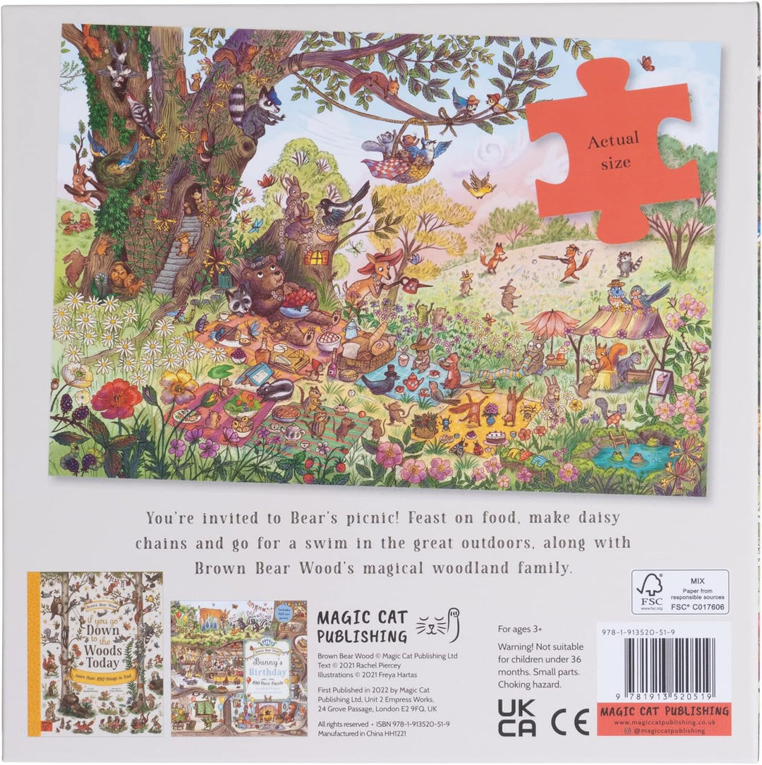 Back of the box of 'Bear's Picnic' puzzle, showing the full jigsaw image and actual size of the pieces