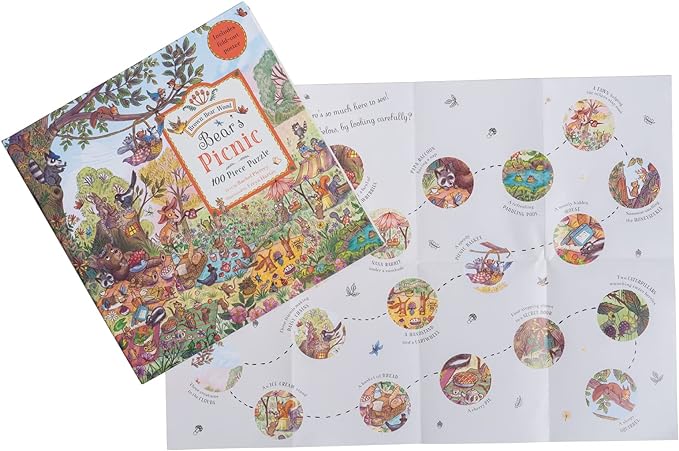 Box and poster insert of 'Bear's Picnic' puzzle, showing many whimsical illustrations of a forest picnic scene