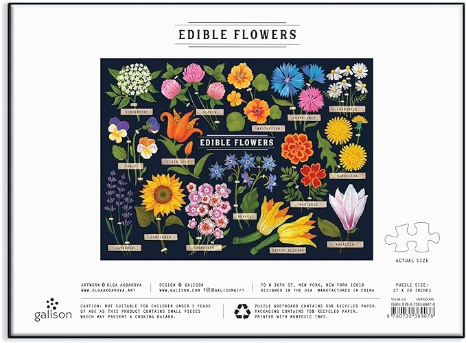 Back of 'Edible Flowers' jigsaw box showing full illustration and actual size of puzzle pieces