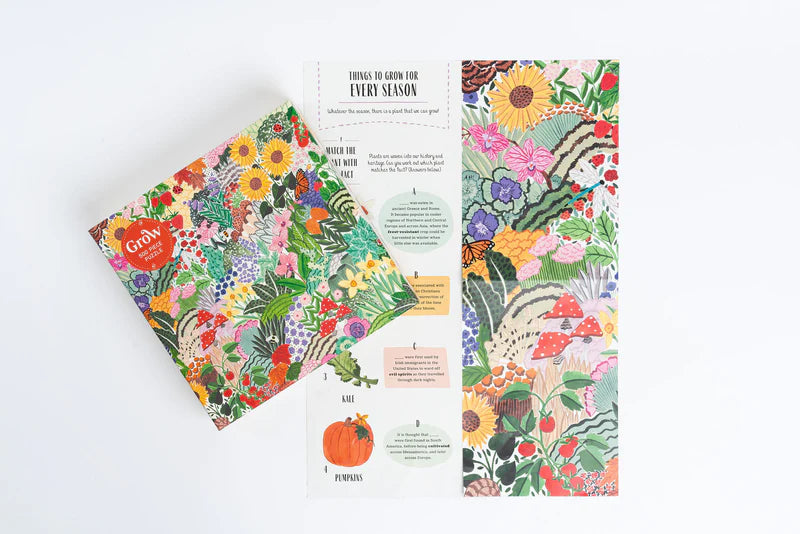 Photograph of the Grow jigsaw puzzle box and included poster 'things to grow for every season'