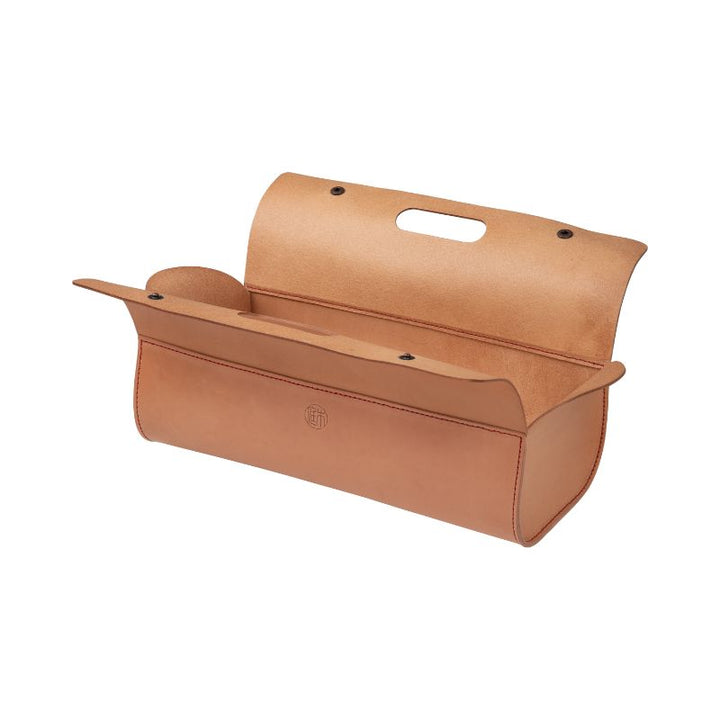 Tan leather Niwaki tool bag with handle on a white background