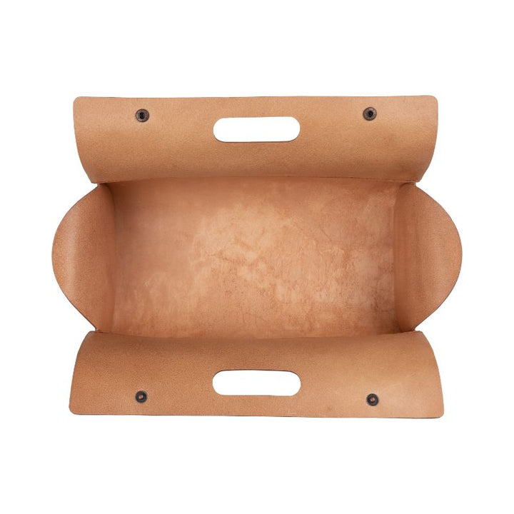 Brown leather Niwaki tool bag, pictured from above to show the space inside