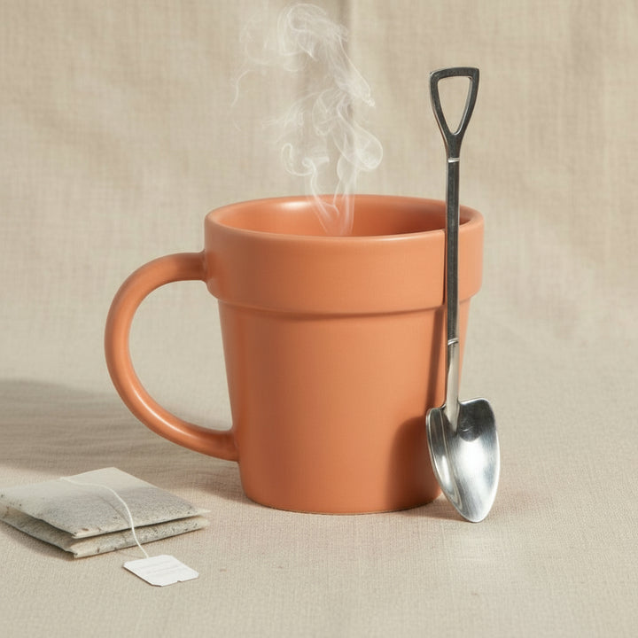 Terracotta mug with steam, garden shovel tea spoon, and tea bags on a beige background