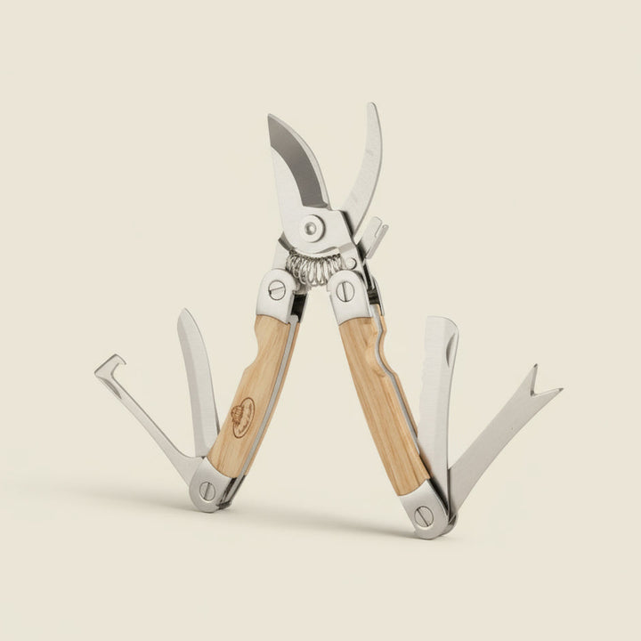 Multitool with wooden handle on a beige background