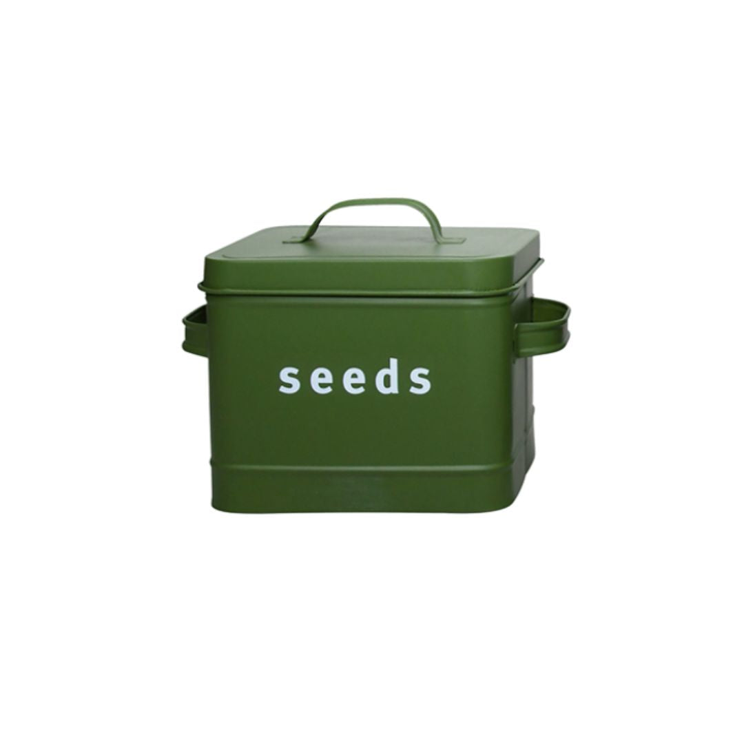 A green seed bin, labelled 'seeds'