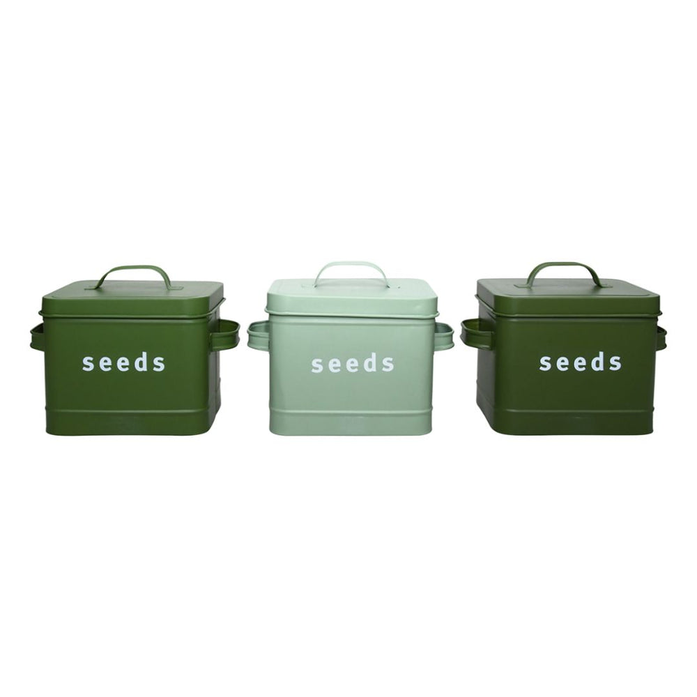 3 seed bins of varying shades of green