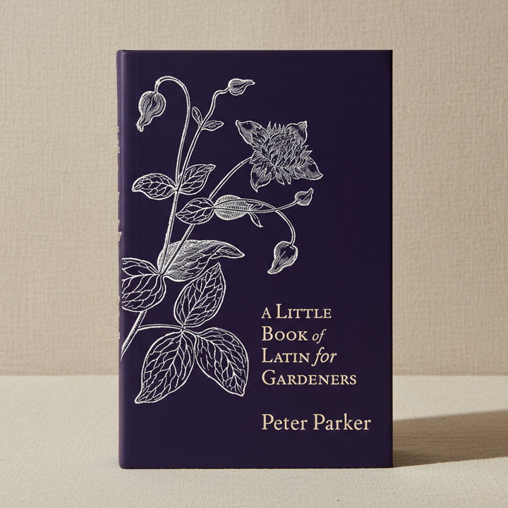 Cover of 'A Little Book of Latin for Gardeners' by Peter Parker - a dark blue cover with a line drawing of a garden flower