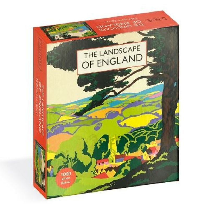 The box of the Landscape of England jigsaw puzzle, with an abstract illustration of an English countryside village on the front