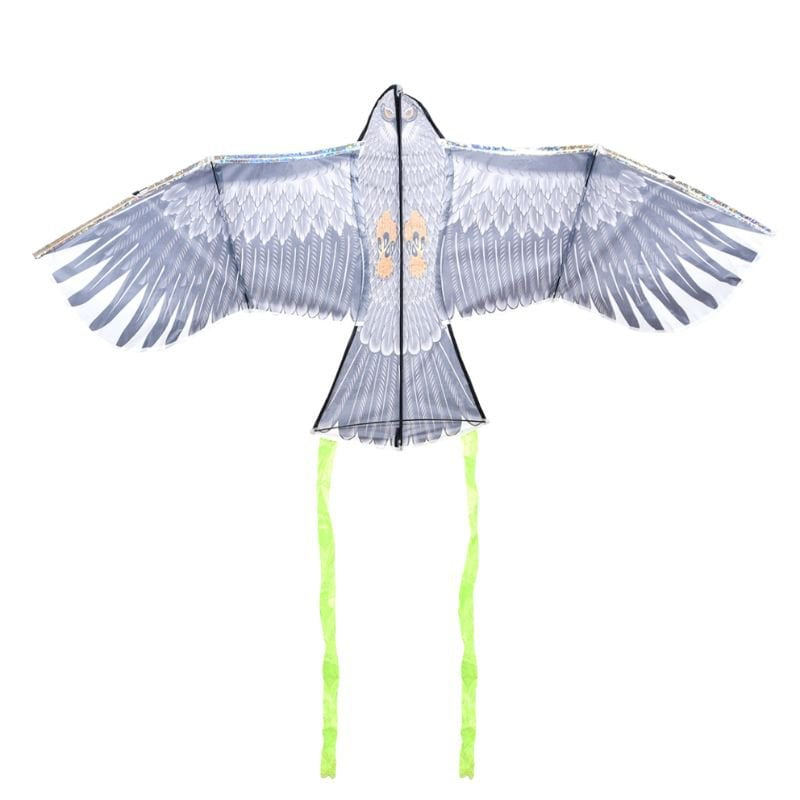 The kite part of the scarer kite on its own, spread out against a white background. Details of the feather print can be seen, as well as the feet and face of the bird. Two green streamers extend from the tail.